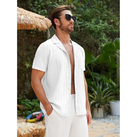 Men White Casual Cuban Lightweight Short Sleeve Button Down Shirt Textured Beach - Picture 3 of 9
